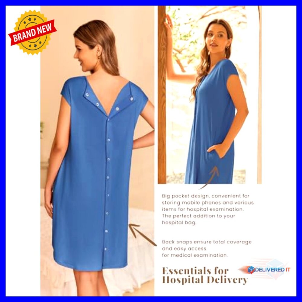 Maternity Nursing Nightgown with Pockets, Front Buttons, Size Large - Picture 4 of 7